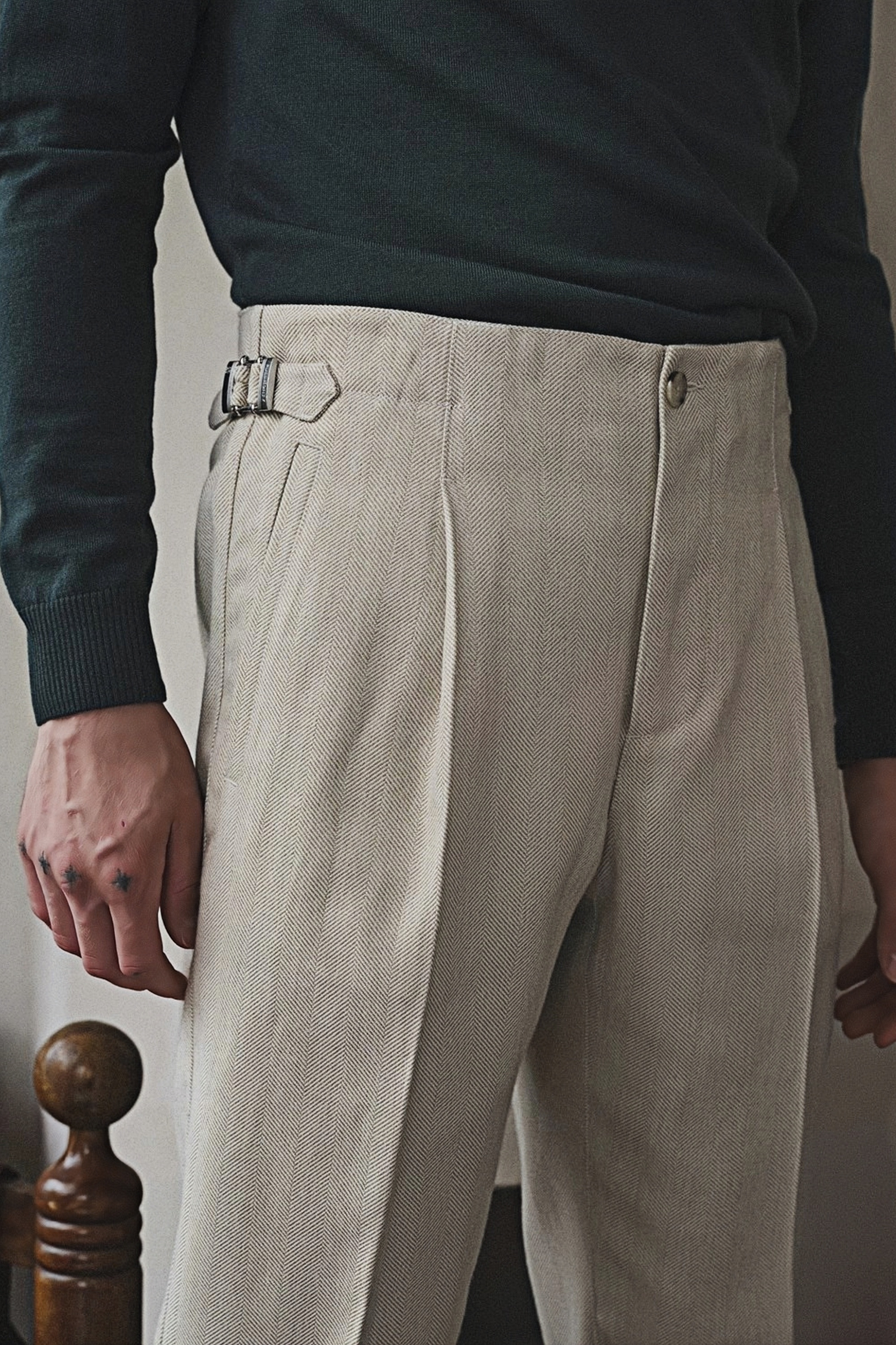 James ivory white herringbone-pattern trousers