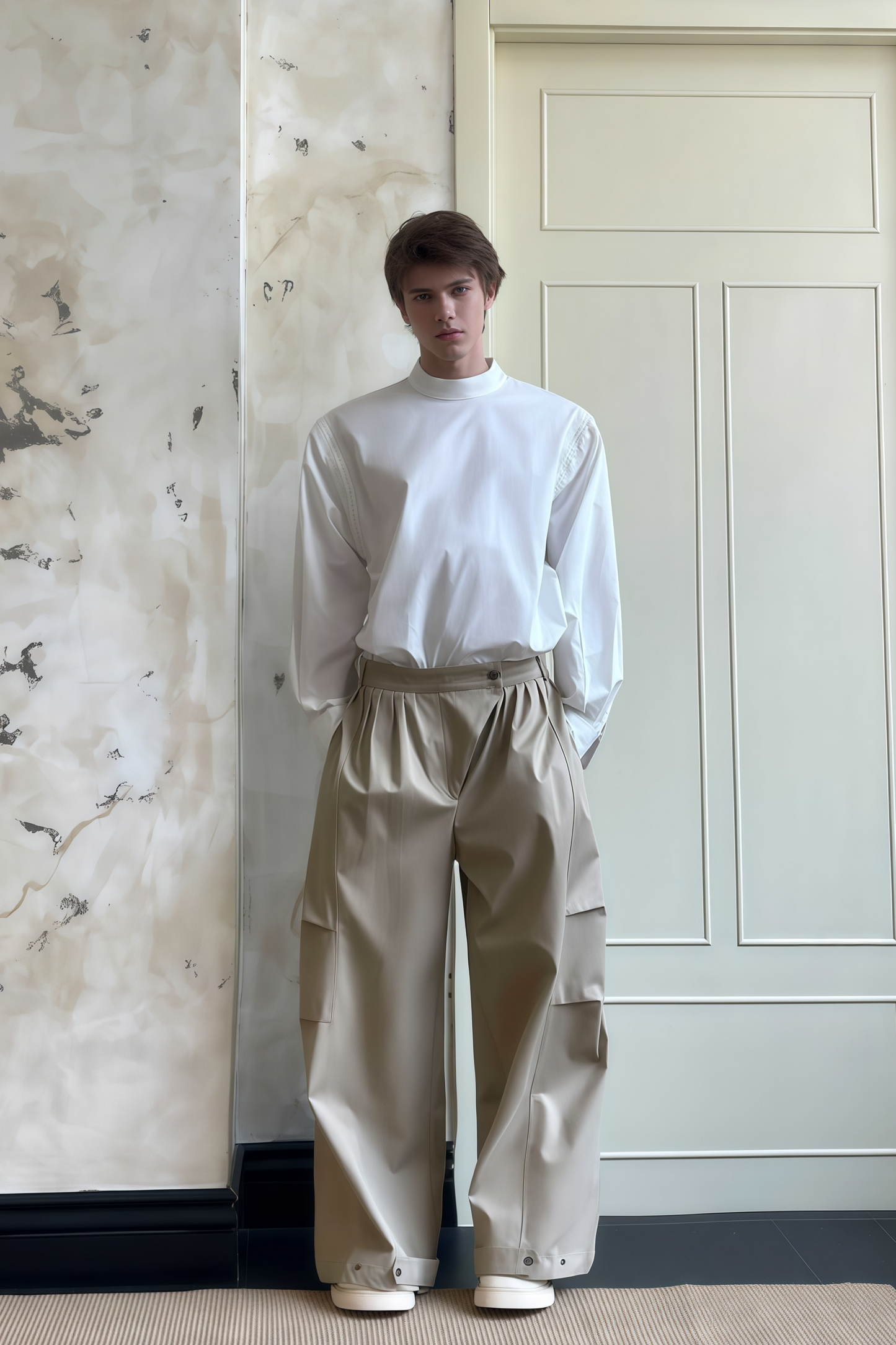 Pierre khaki pleated wide-leg trousers