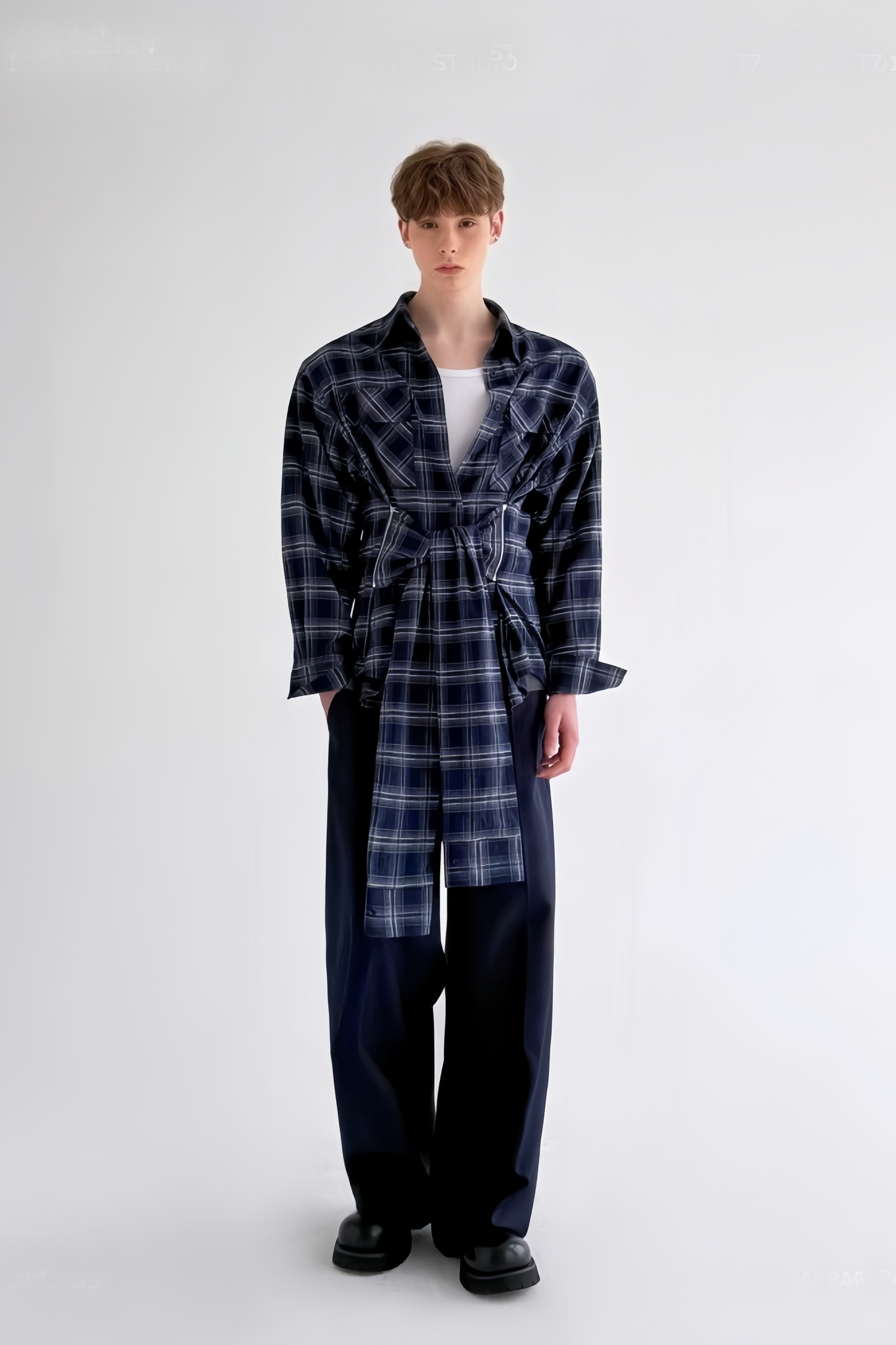 Maxime Blue Plaid-pattern Ribbon-design Shirt