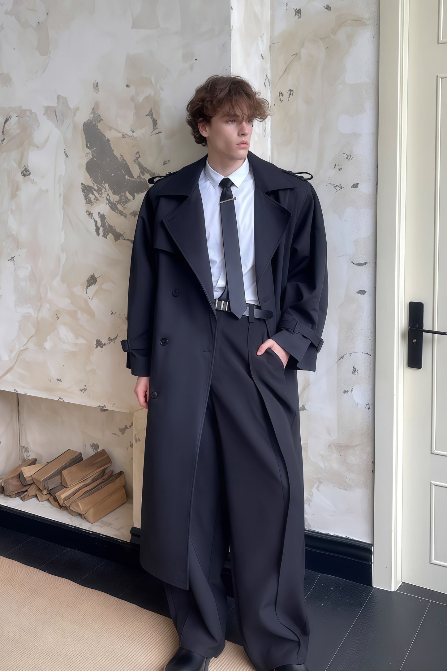 Jean black double-breasted trench coat