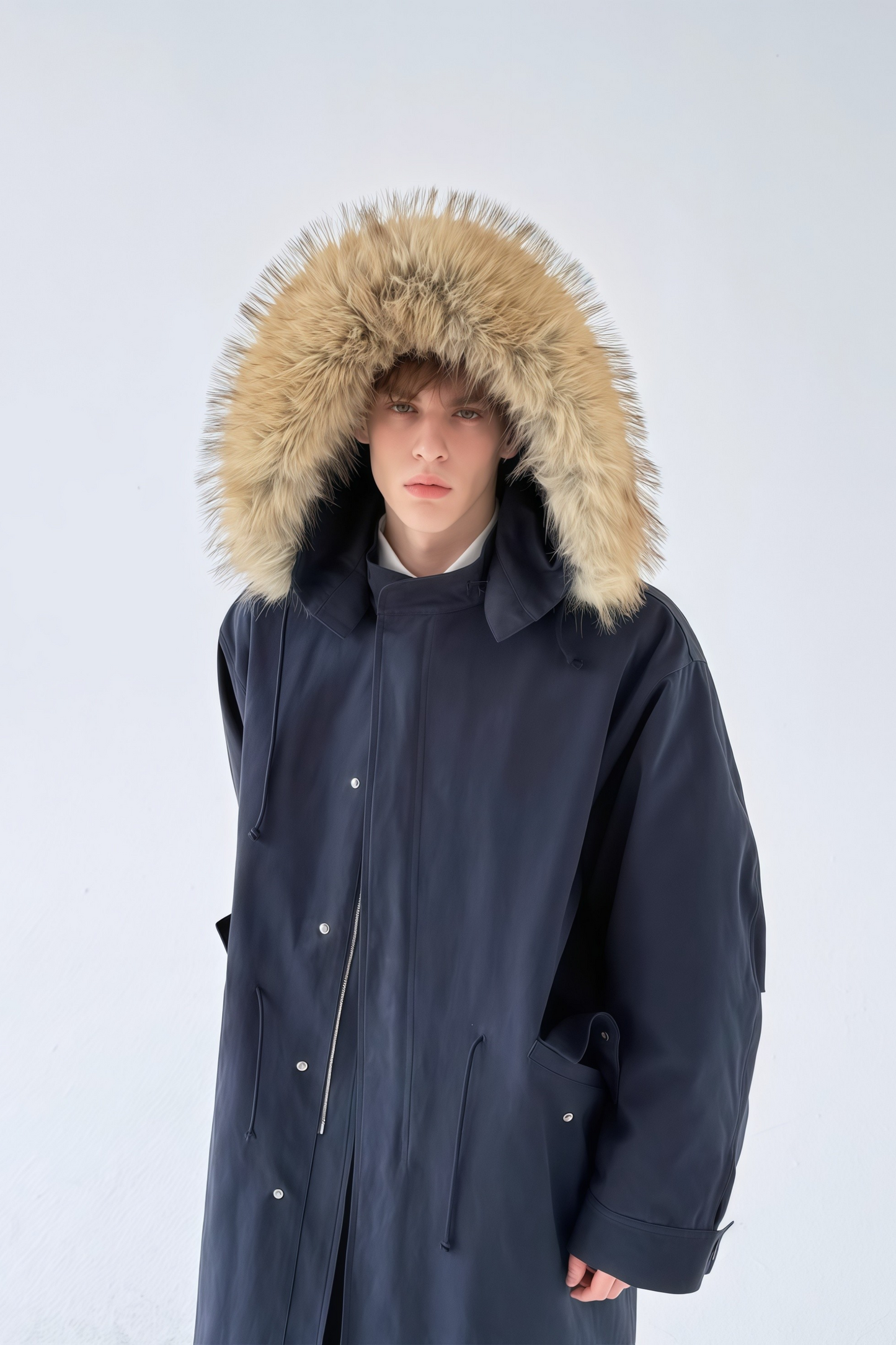 Armand blue faux-fur trim maxi coat