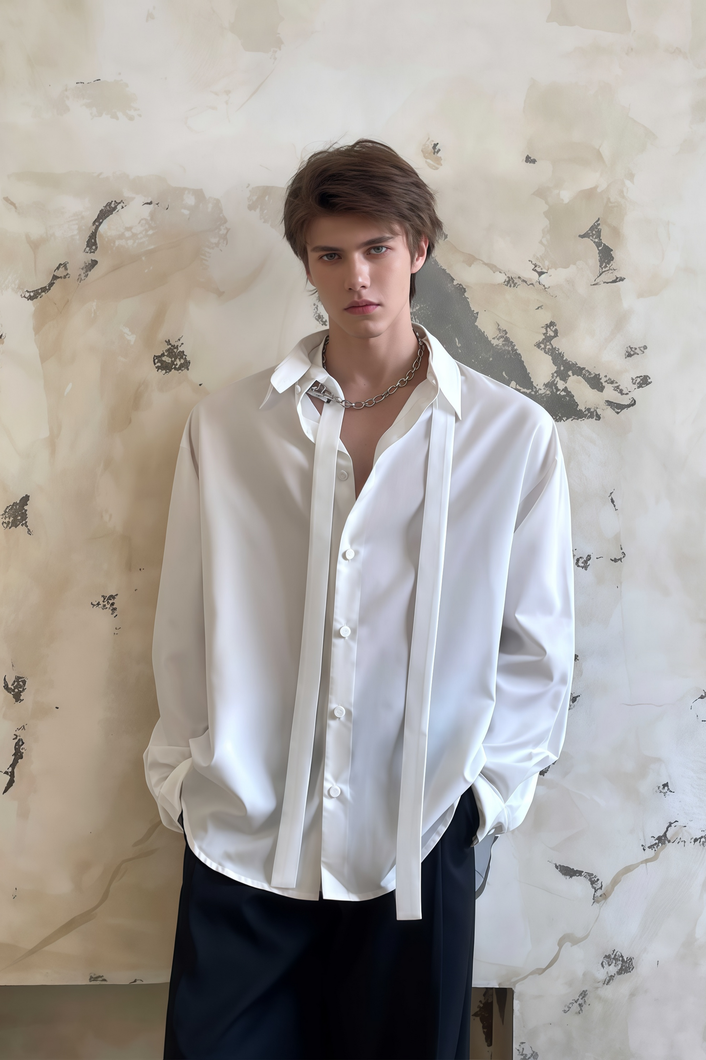 Nicolas white tie-strap-collar shirt