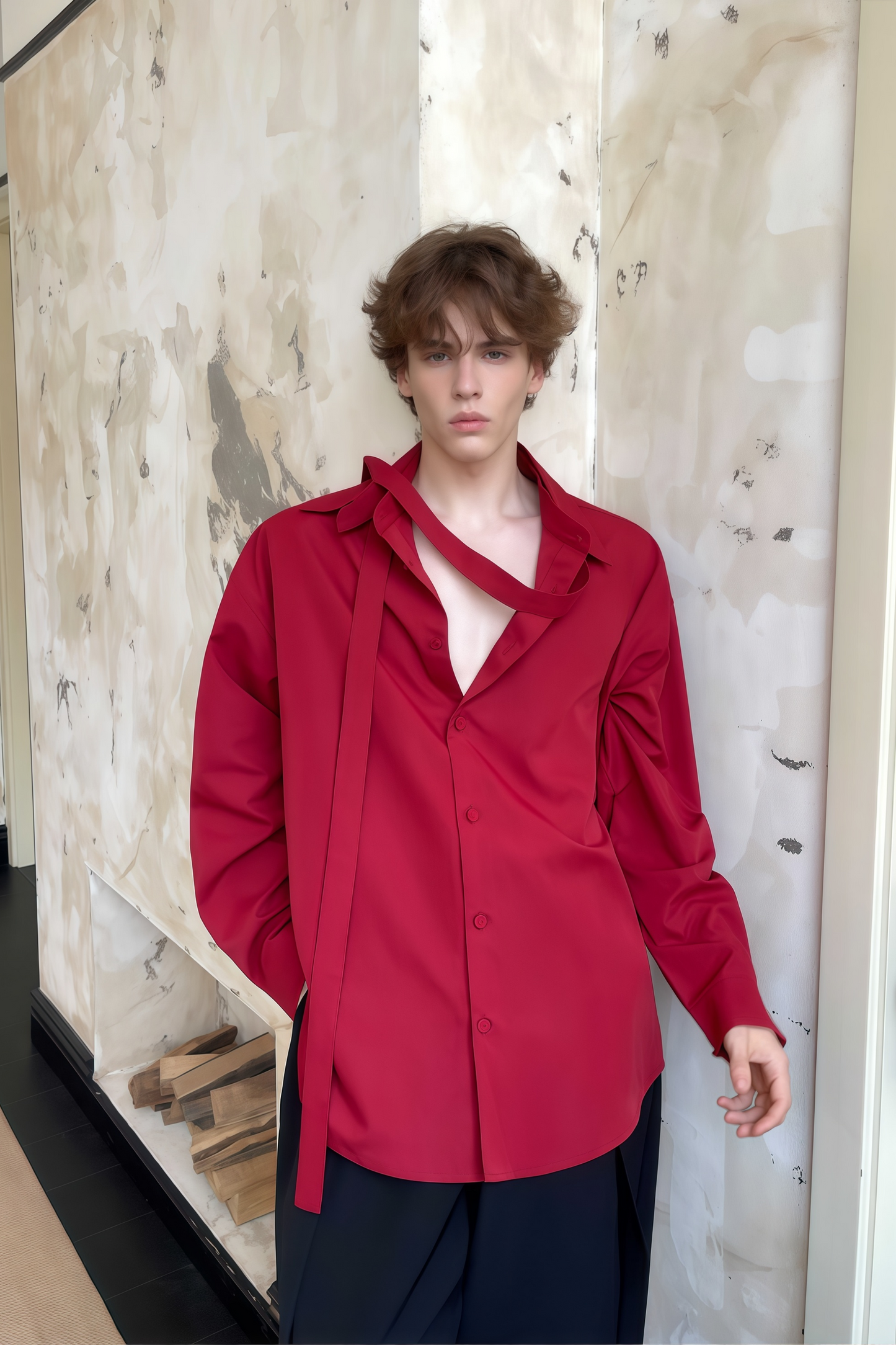 Nicolas red tie-strap-collar shirt