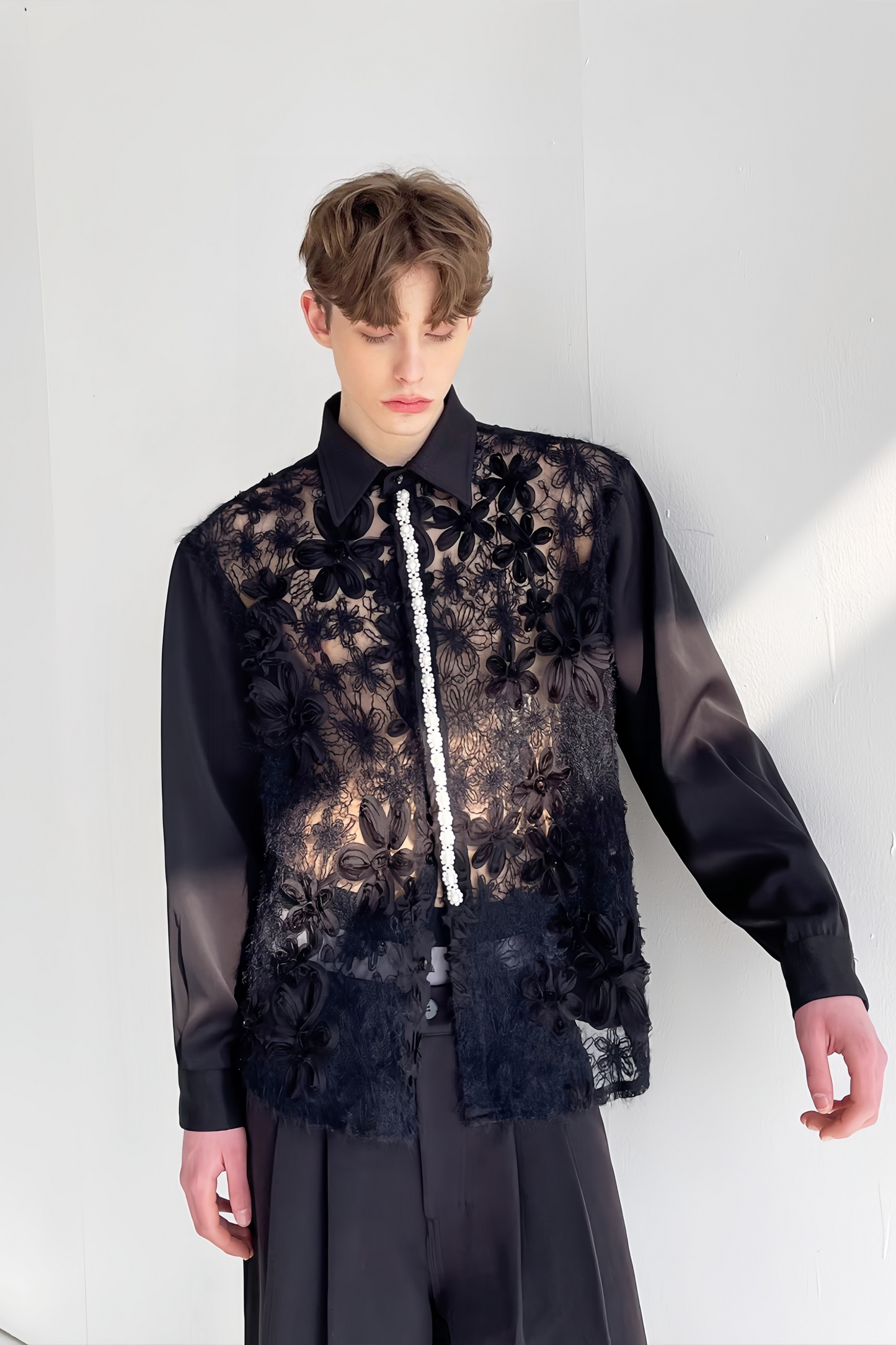 Eden black floral aux-pearl embellishment shirt