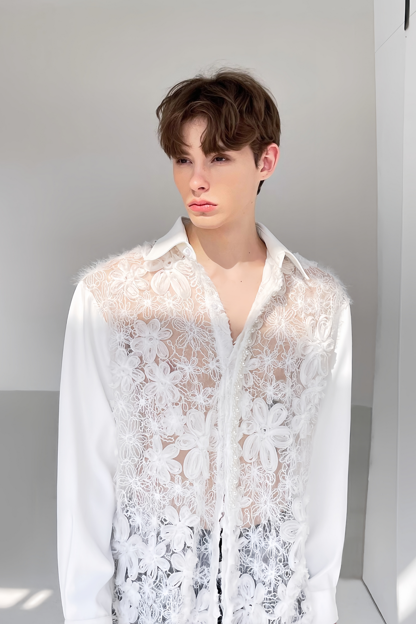 Eden white floral faux-pearl embellishment shirt