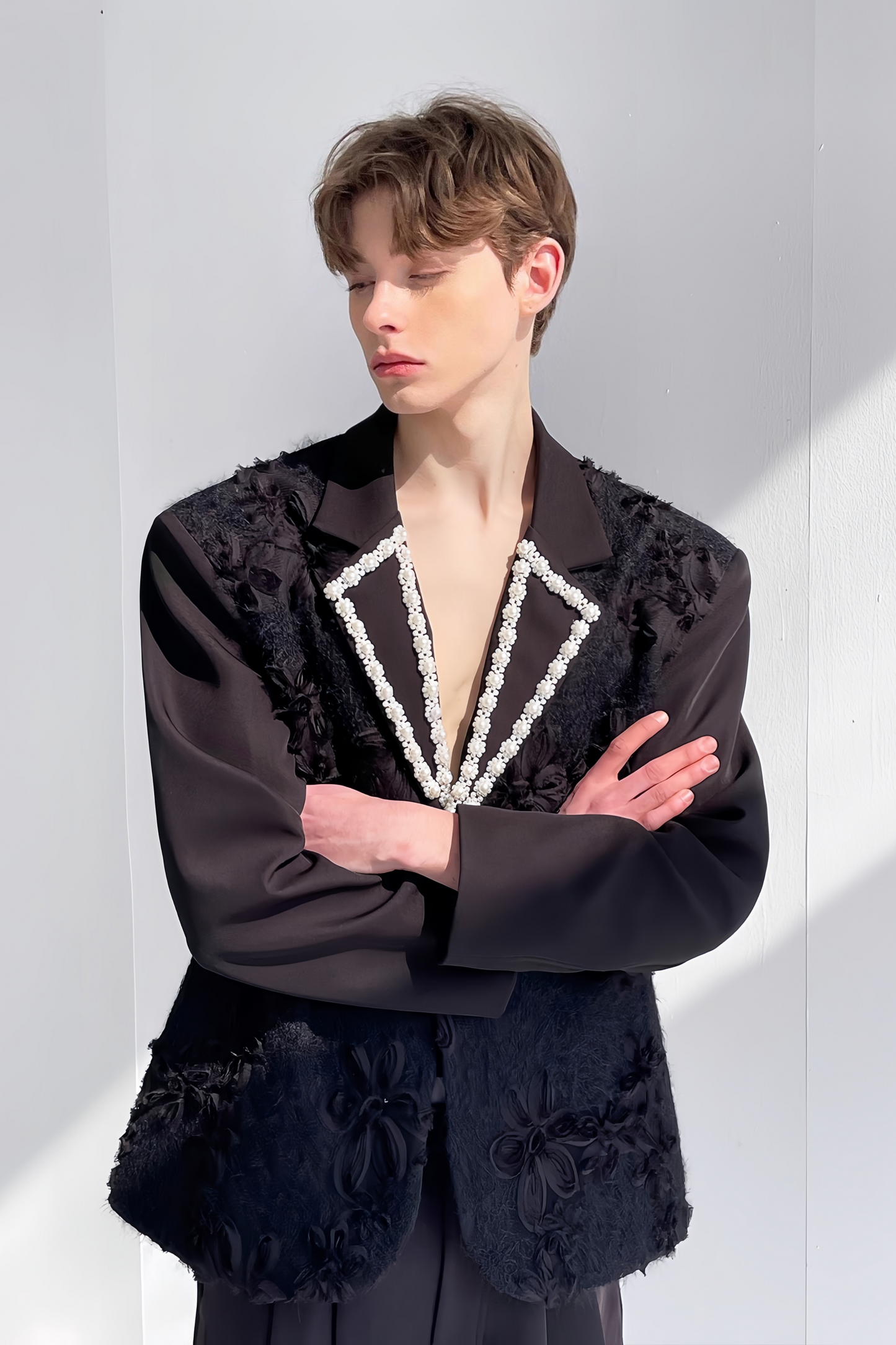 Amir black floral faux-pearl embellishment blazer