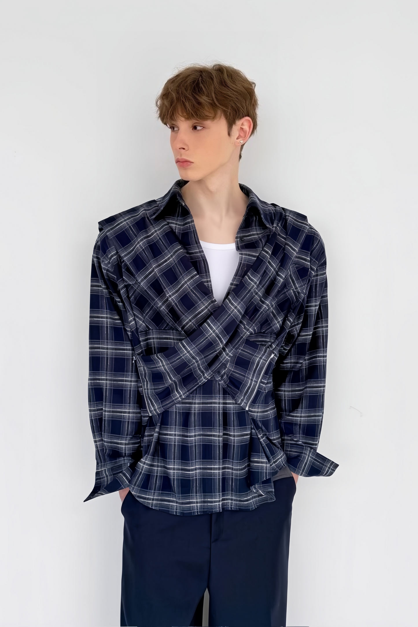 Maxime Blue Plaid-pattern Ribbon-design Shirt