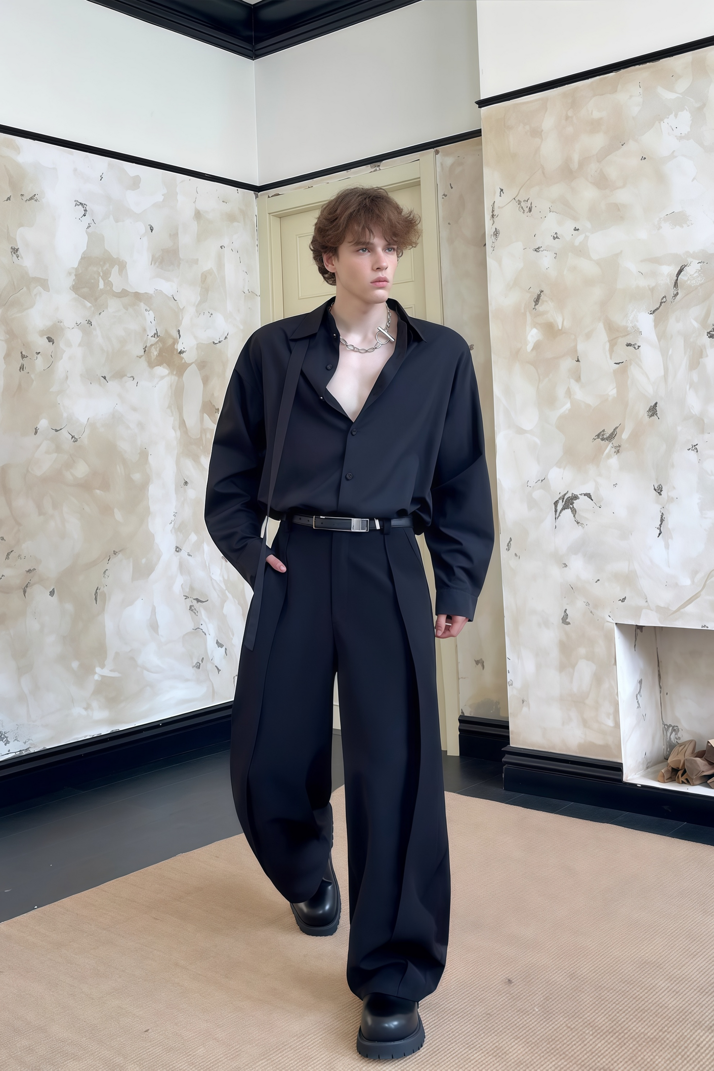 Nicolas black tie-strap-collar shirt
