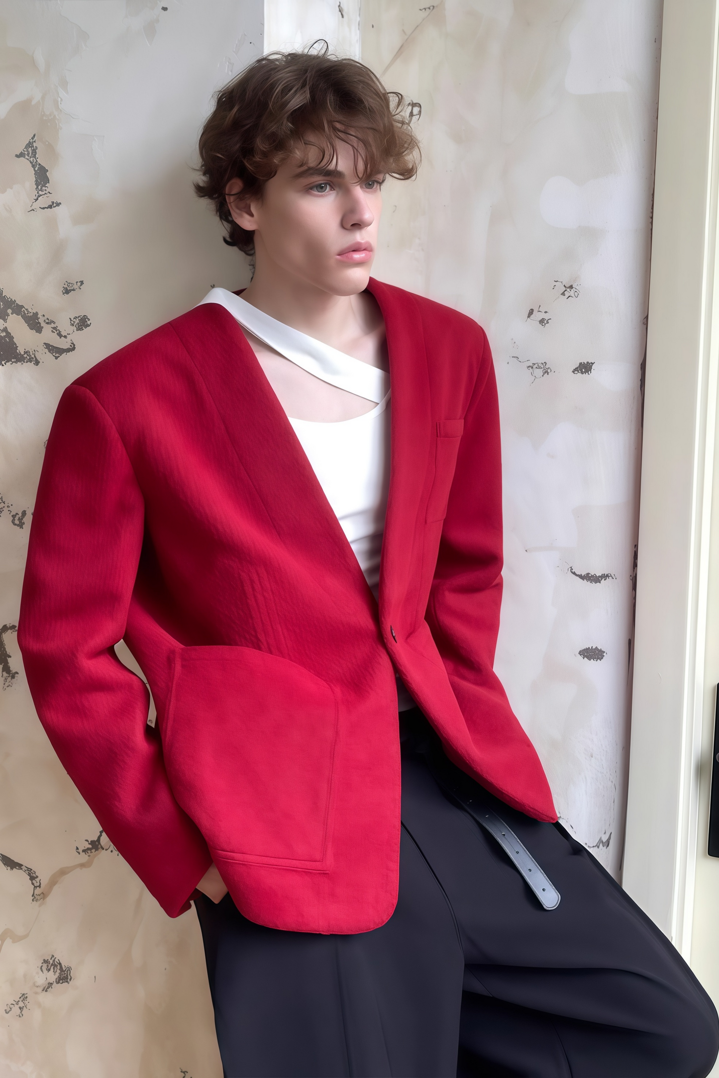 Vincent red collarless jacket