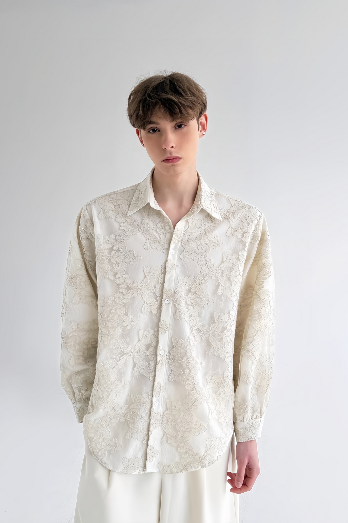 Bastien white double-layer floral-embroidered long sleeves shirt