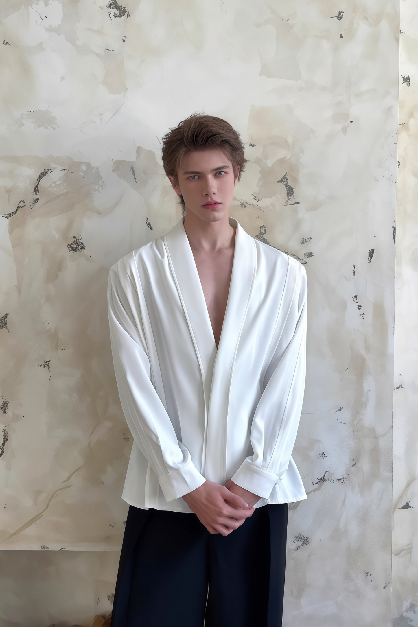 Alistair white V-neck shoulder-padded shirt