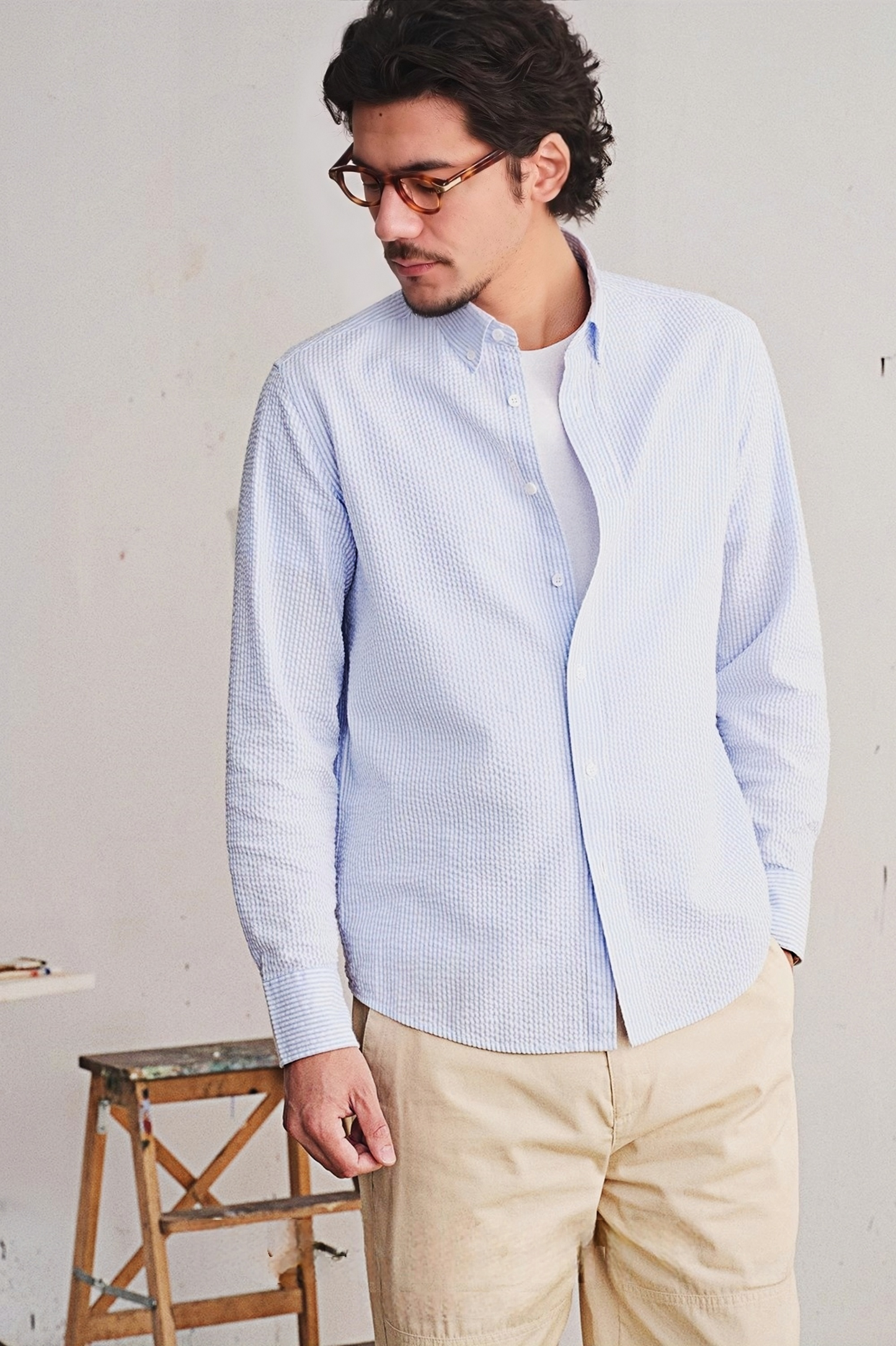 Stian light-blue stripe-pattern seersucker shirt