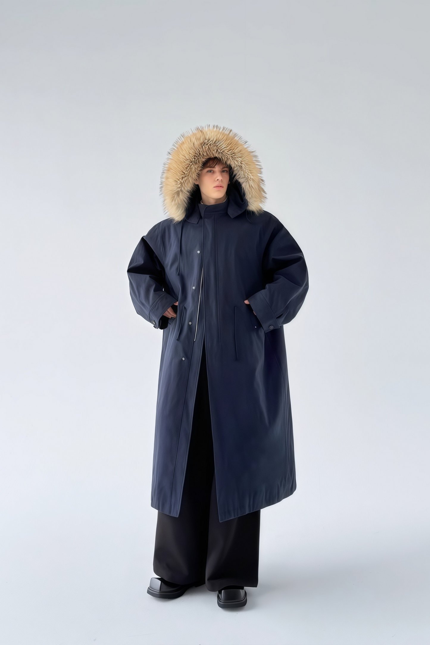 Armand blue faux-fur trim maxi coat