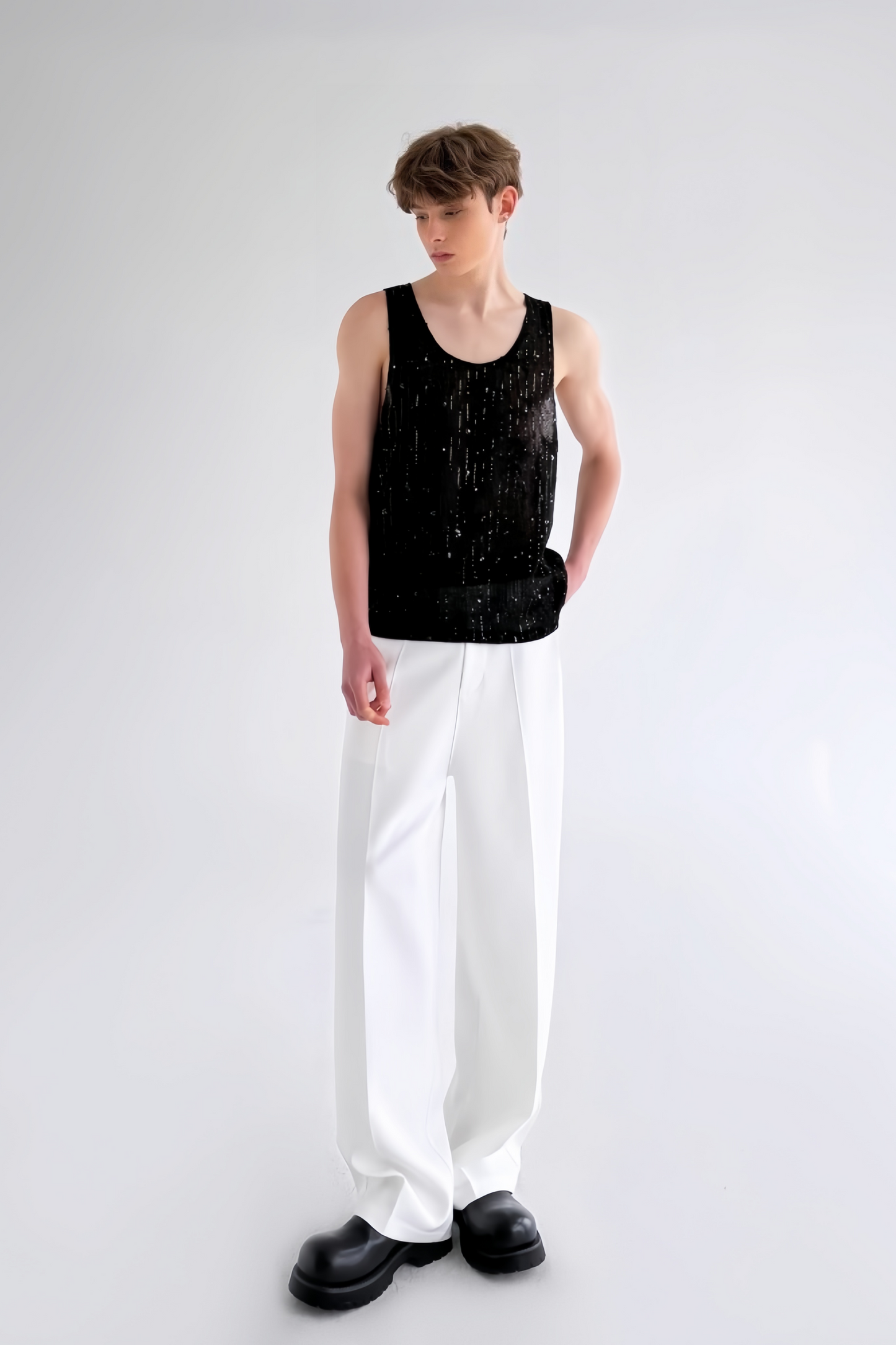 Youssef Black Sequin-embellishment Top & Shirt Suit