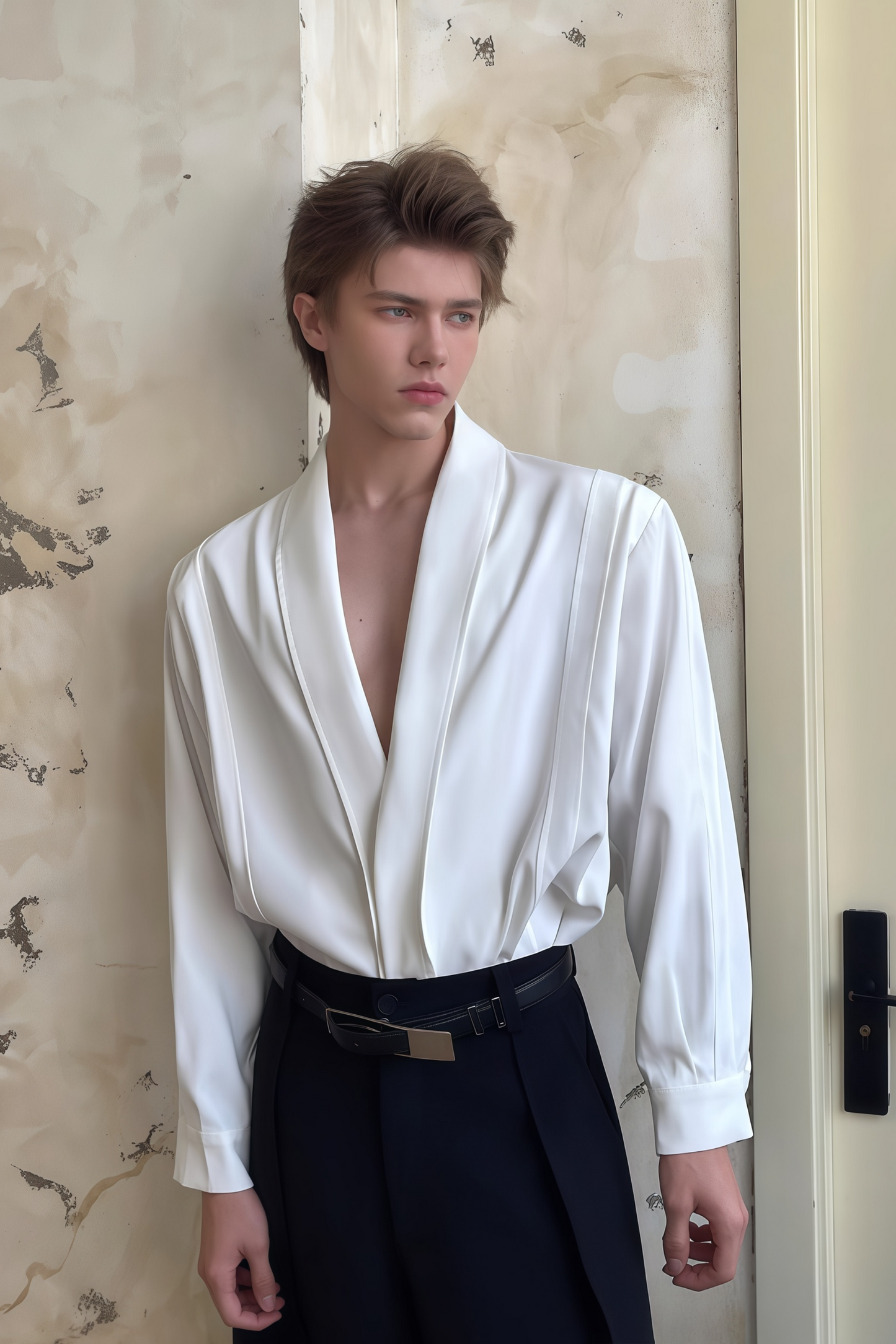 Alistair white V-neck shoulder-padded shirt