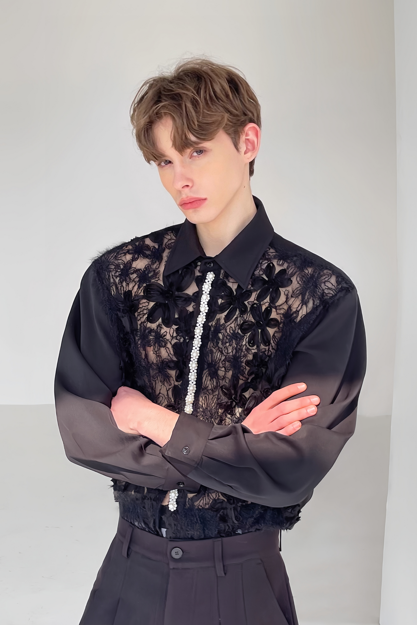 Eden black floral aux-pearl embellishment shirt