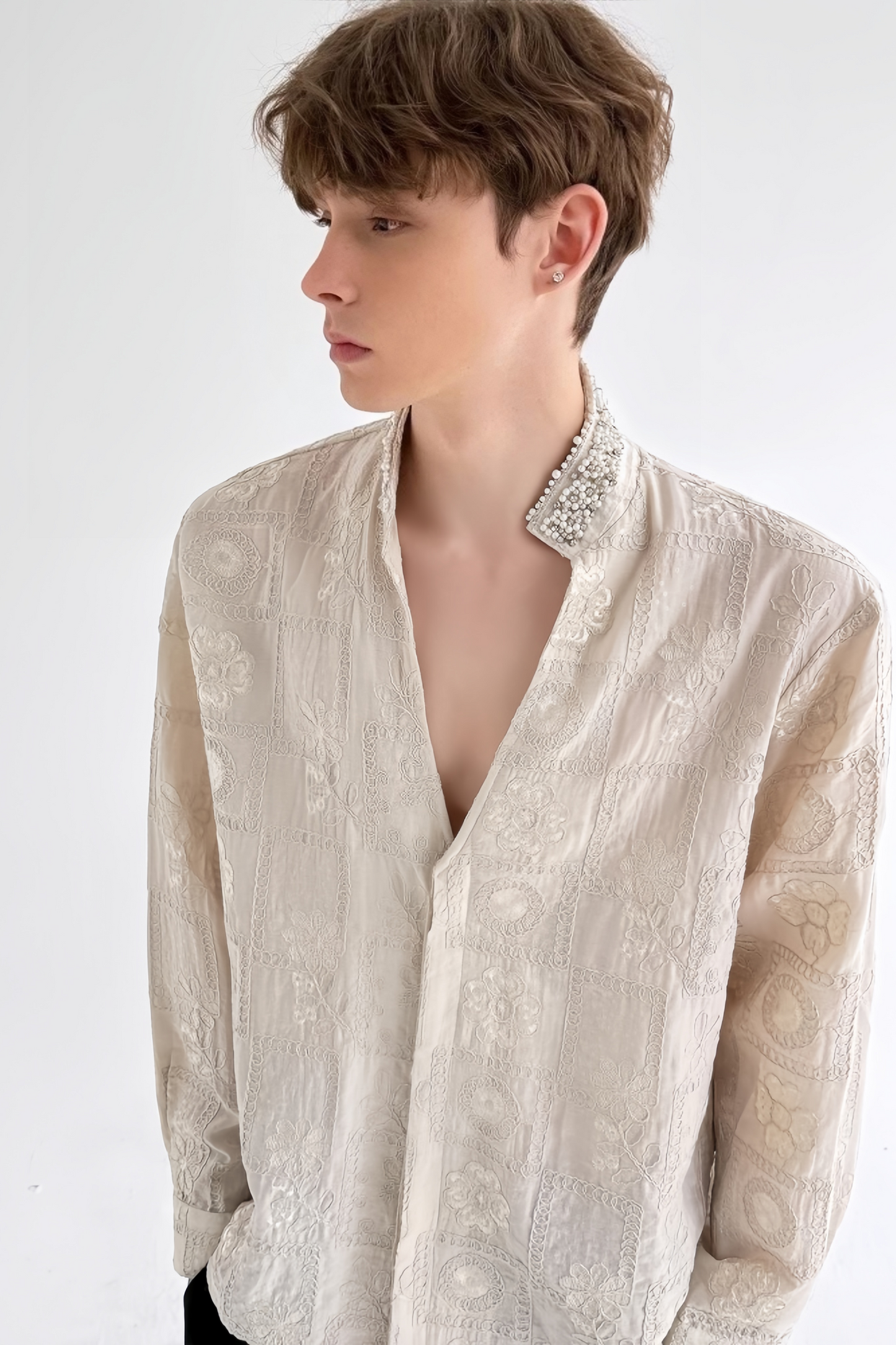 Thomas white floral faux-pearl embellishment shirt