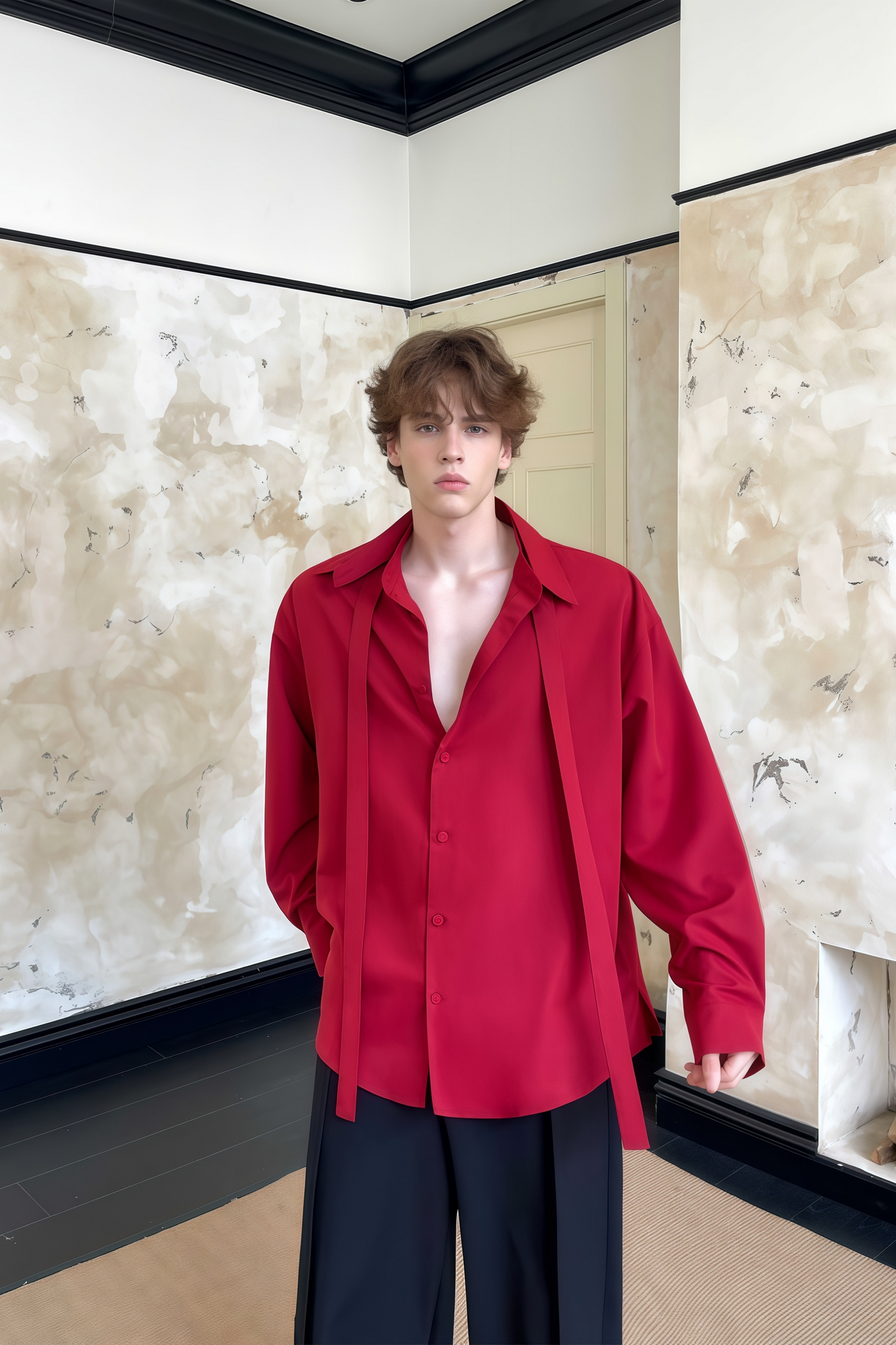 Nicolas red tie-strap-collar shirt