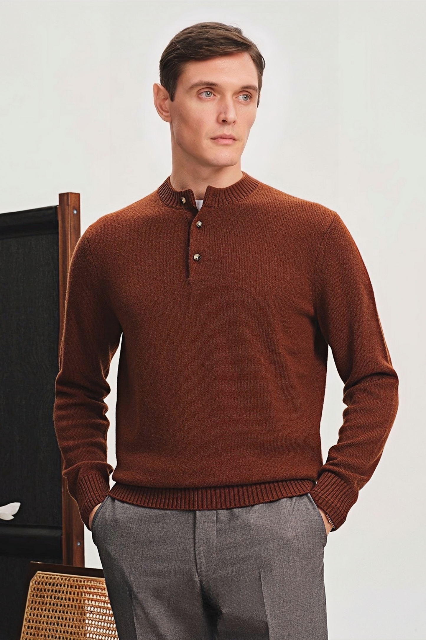 Yves brown Henley-collar jumper