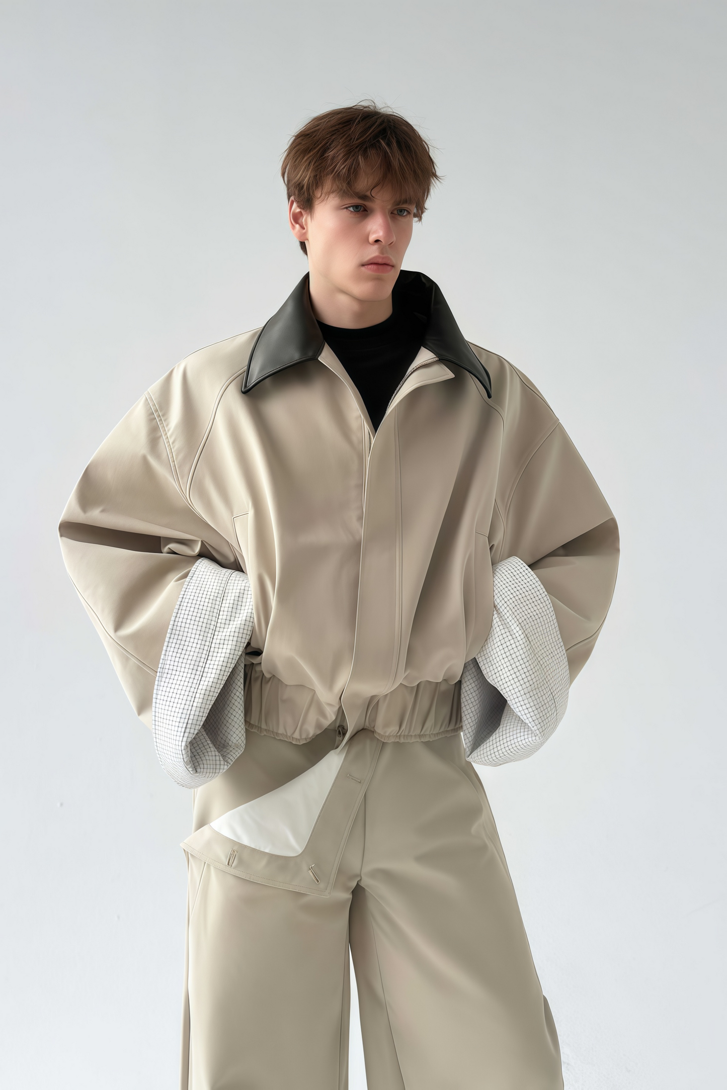 Ragnar khaki patchwork-collar large-cuff cropped jacket