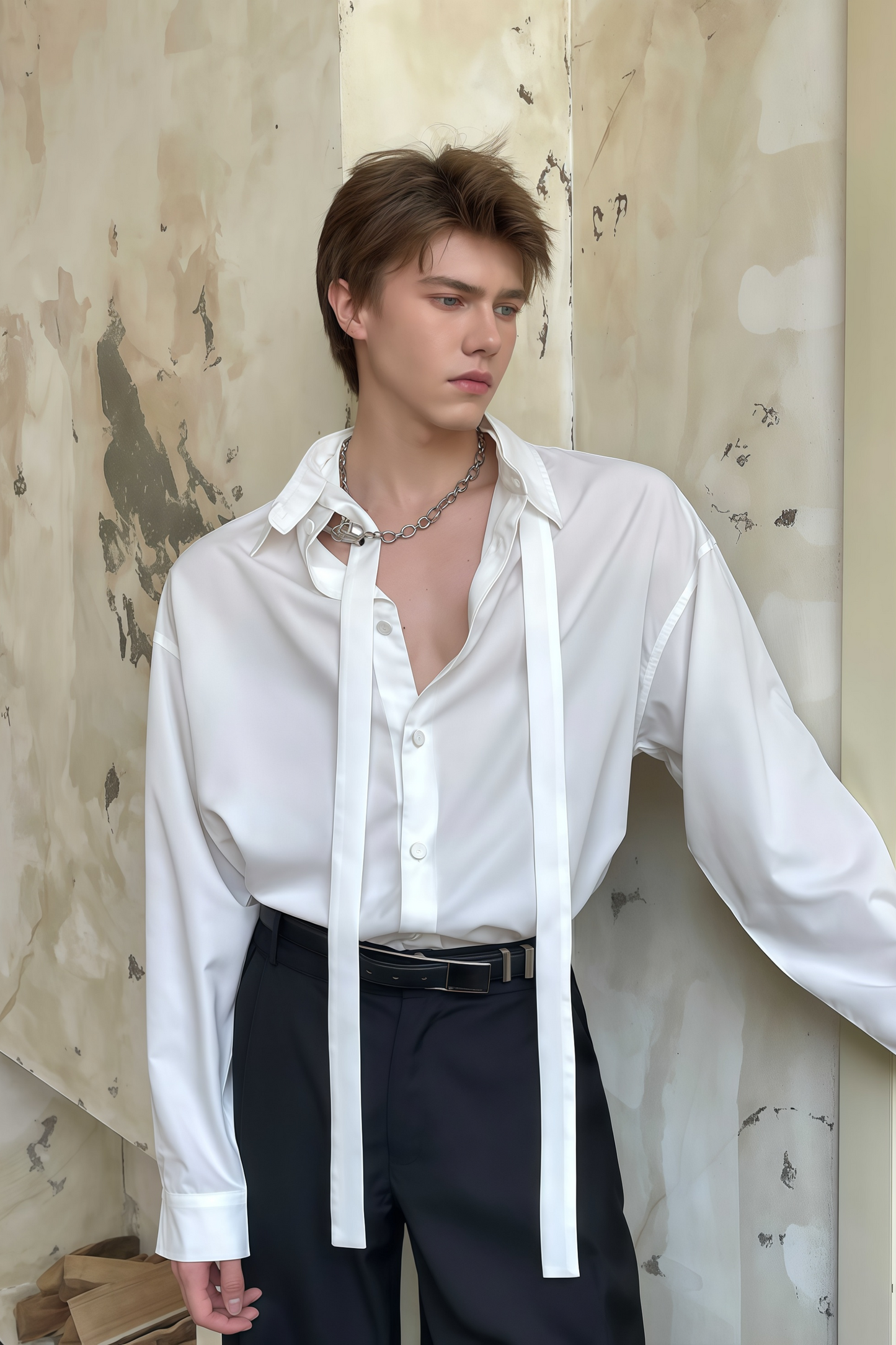 Nicolas white tie-strap-collar shirt
