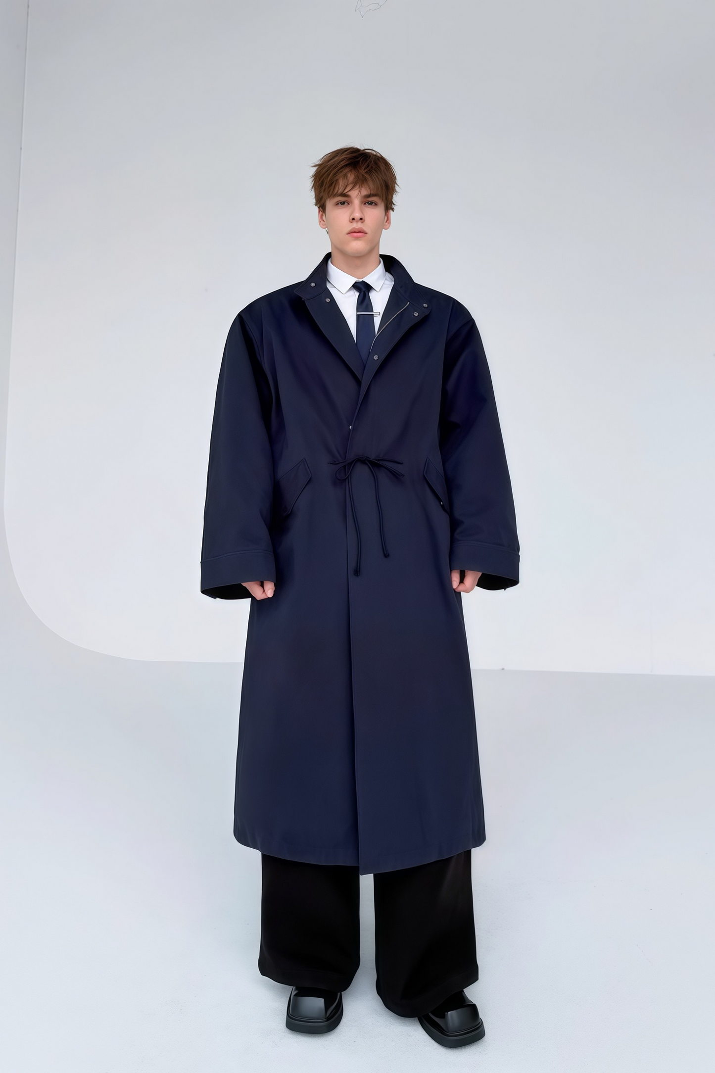 Armand blue faux-fur trim maxi coat