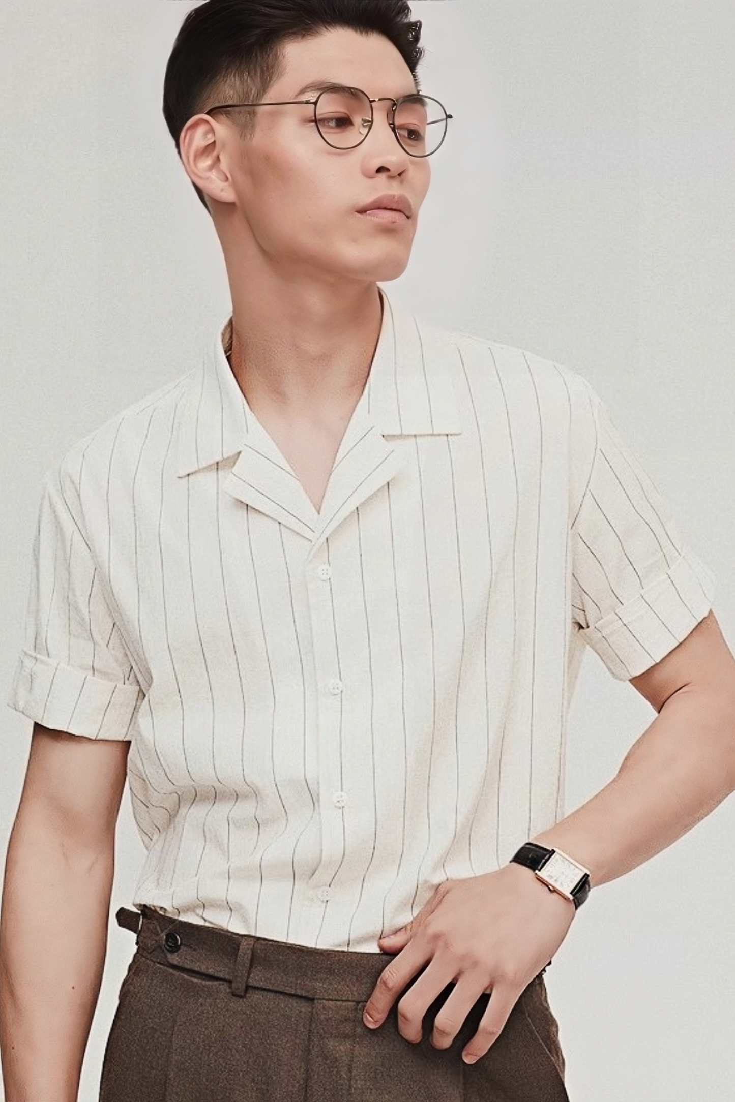 Felix white stripe-pattern camp-collar shirt