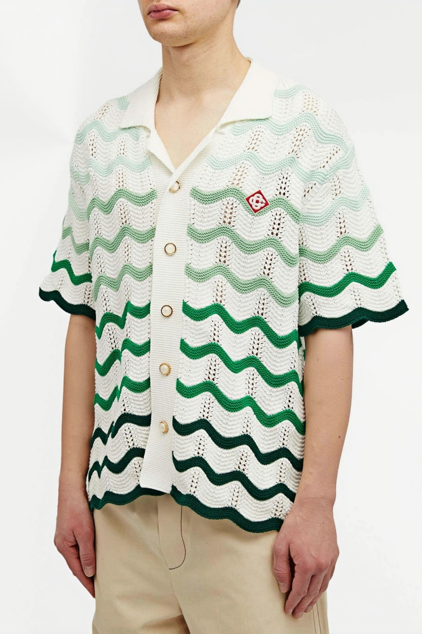 Mark green wave pattern knit short-sleeved cardigan