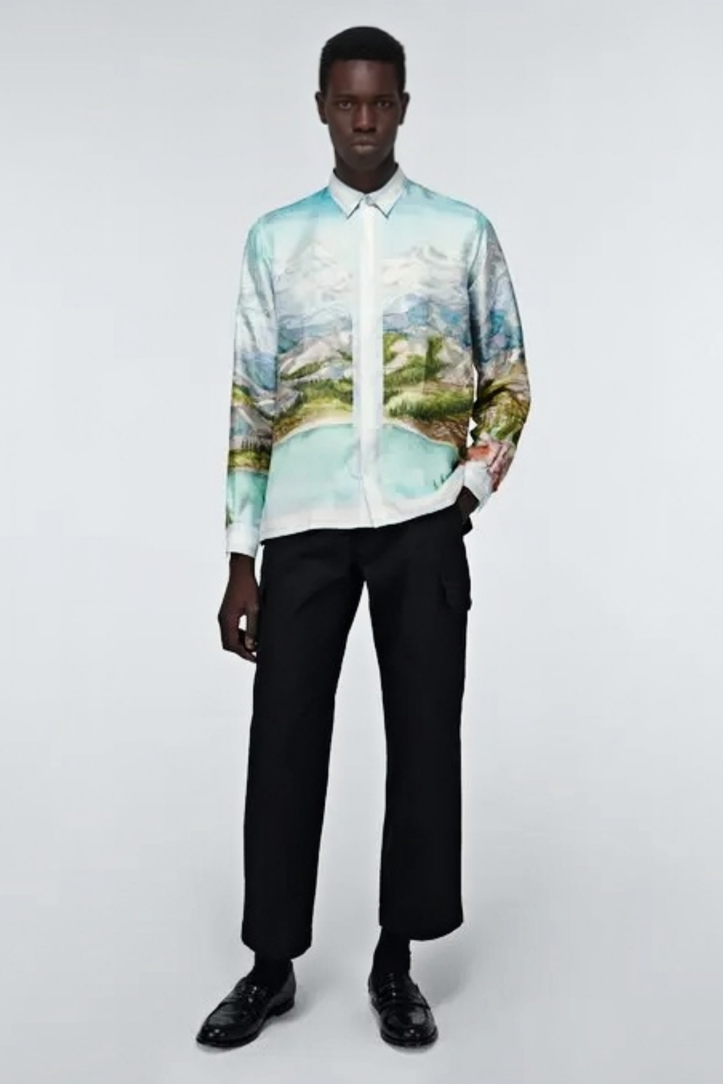 Nathan light blue landscape print long-sleeve shirt