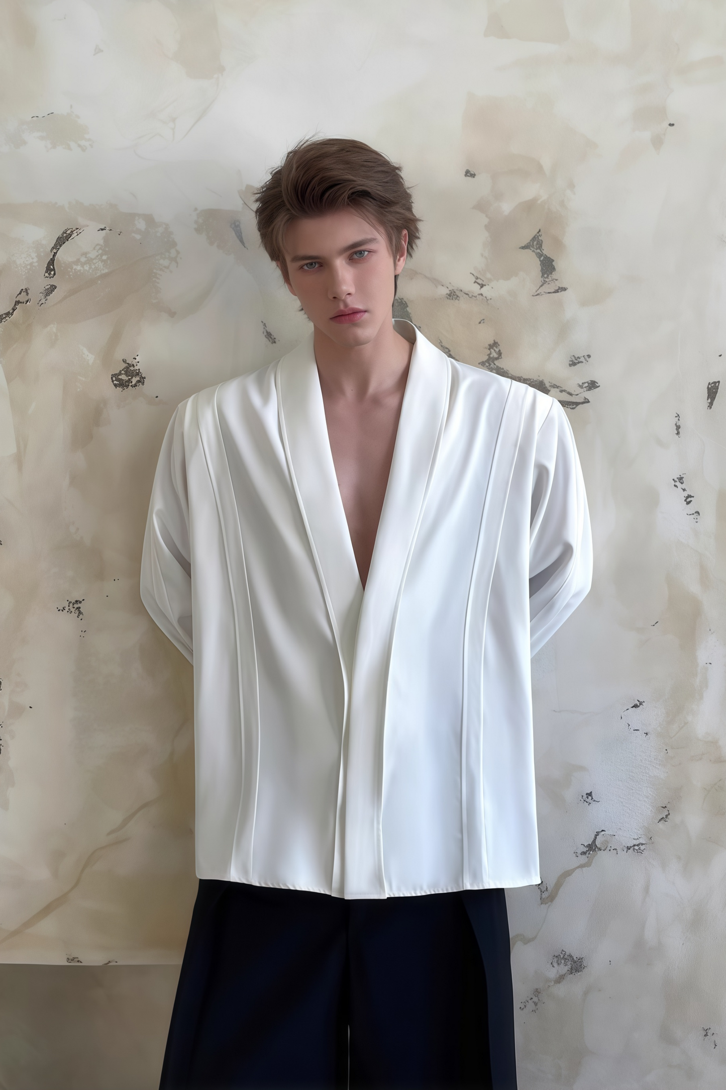 Alistair white V-neck shoulder-padded shirt