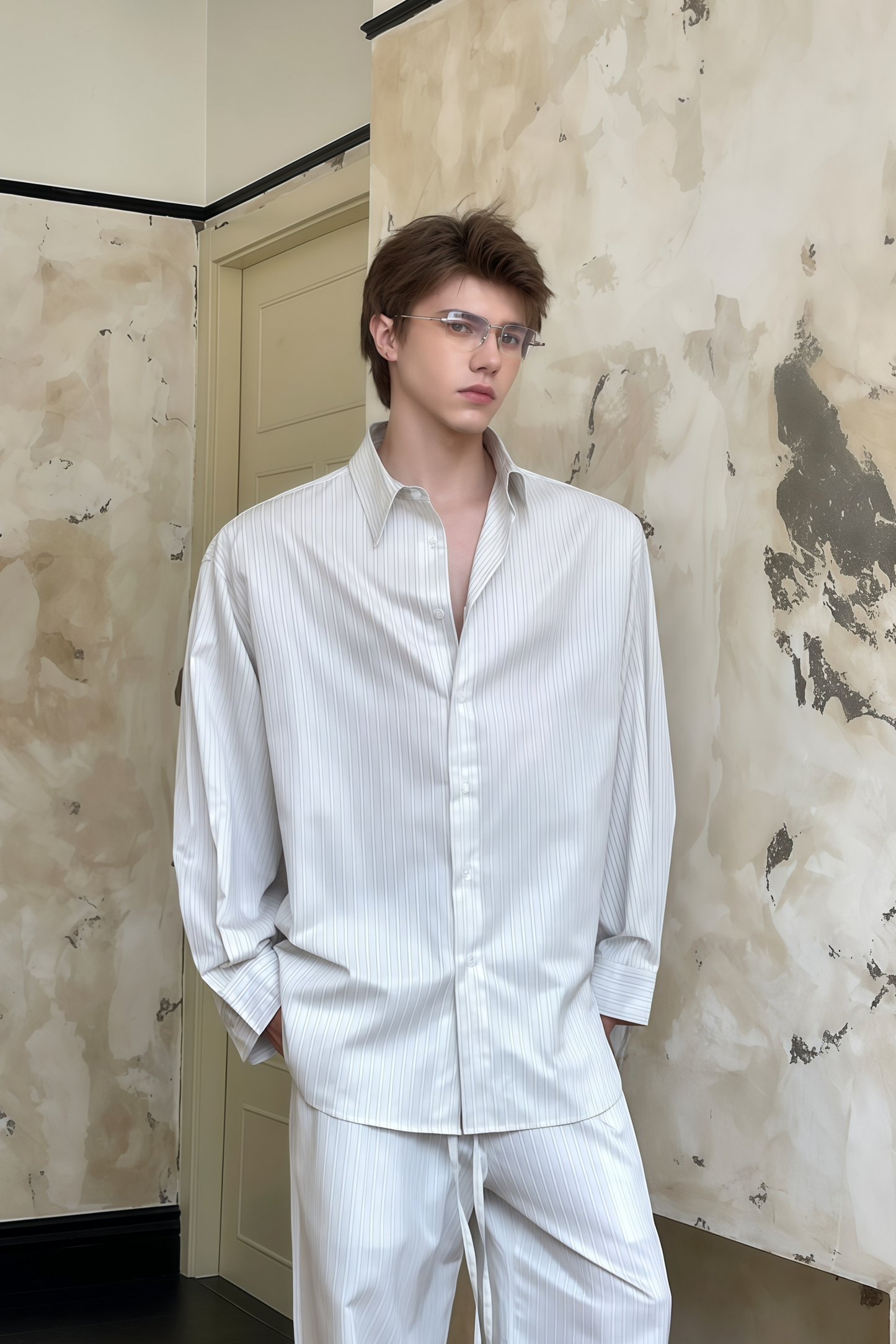 Cyrus white striped shirt & trousers matching set