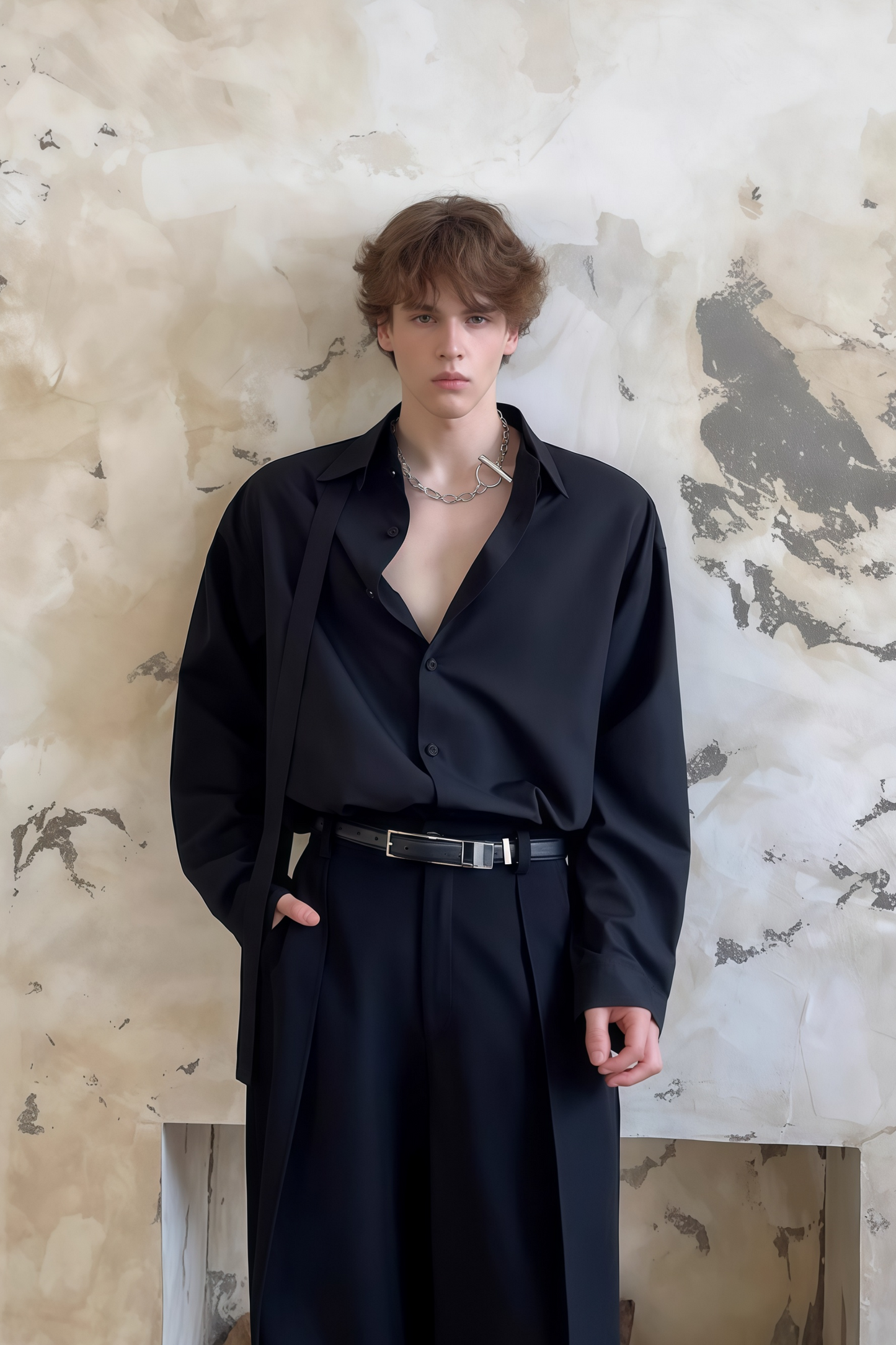 Nicolas black tie-strap-collar shirt