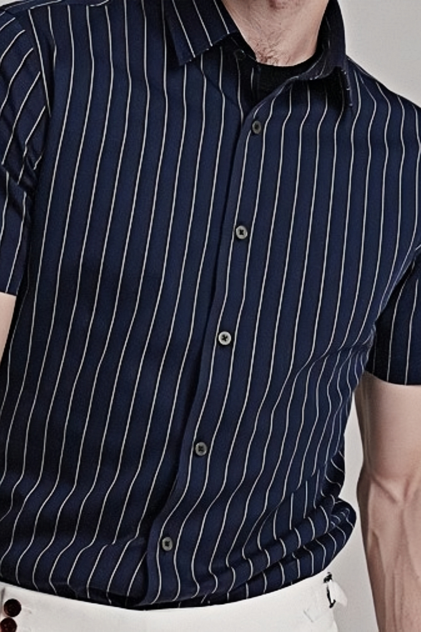 Fenrir navy blue stripe-pattern spread-collar shirt