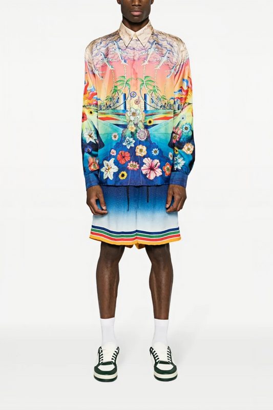 Henri blue multicolor tropical print long-sleeve shirt