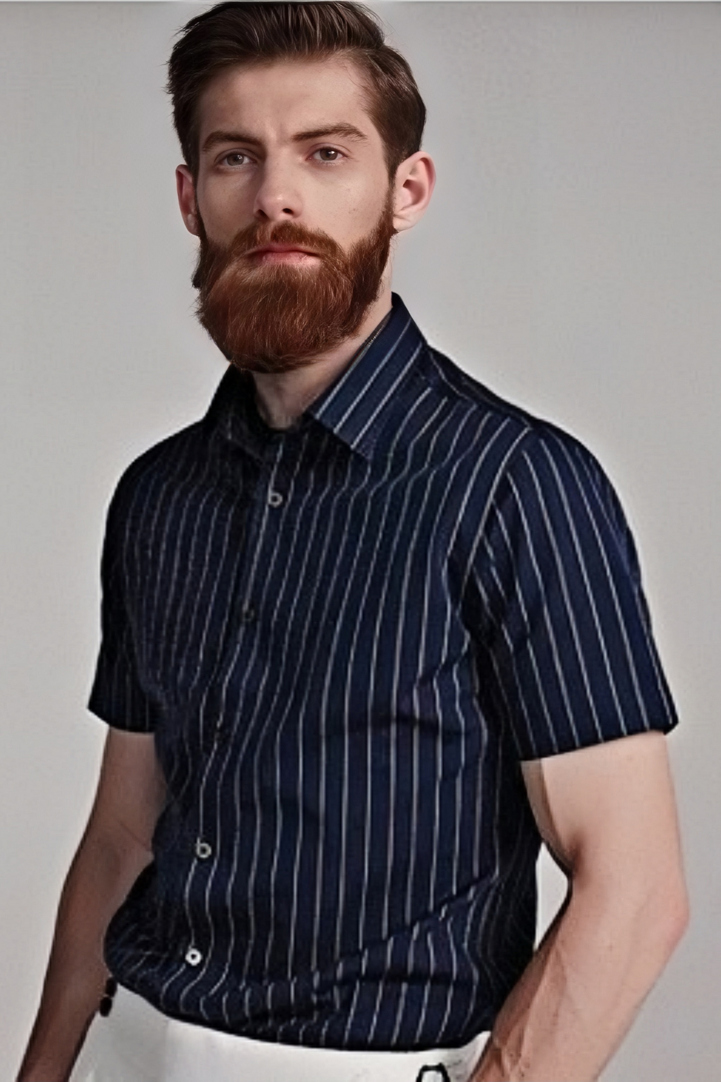 Fenrir navy blue stripe-pattern spread-collar shirt