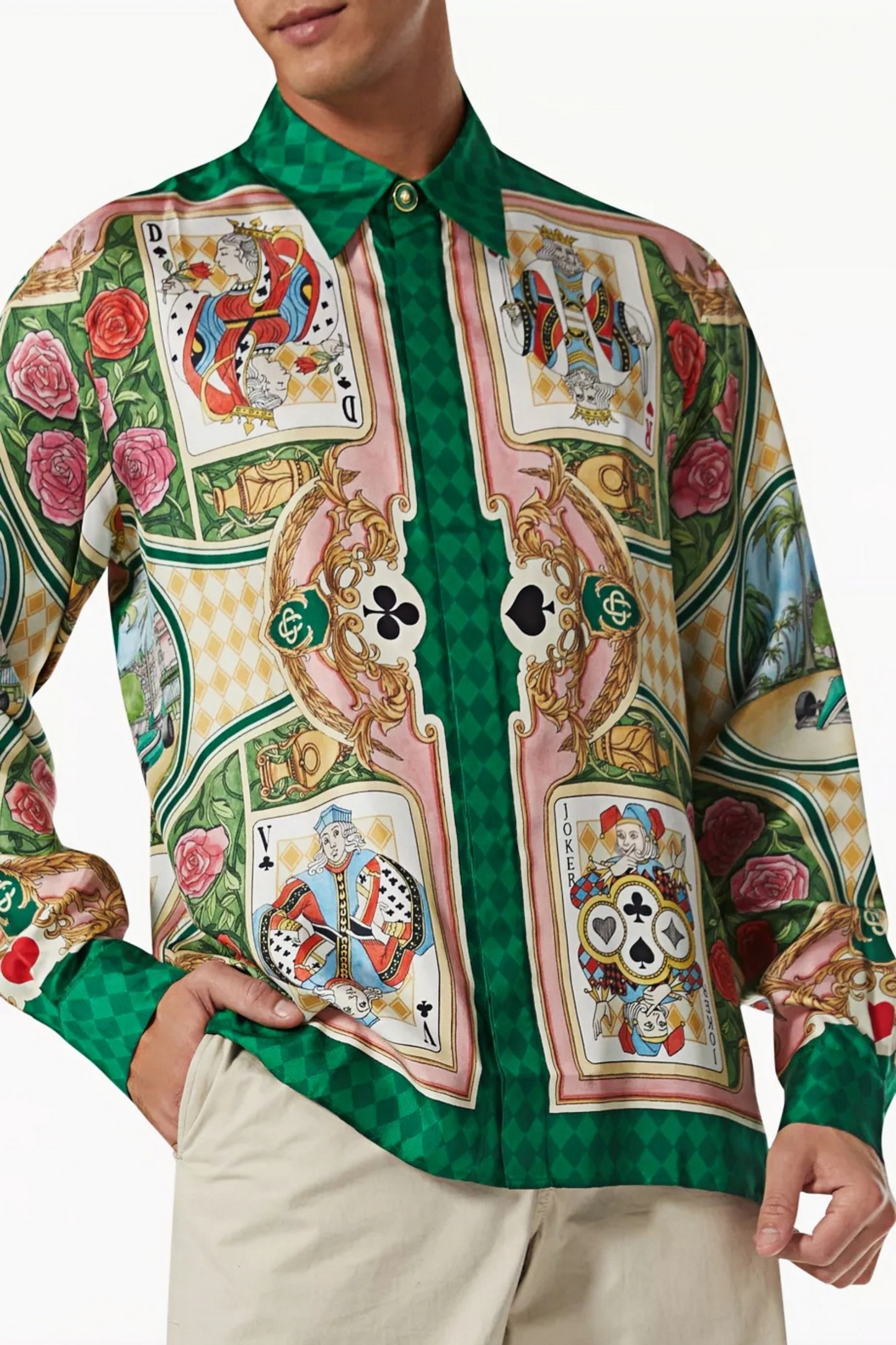 Gaston green playing card print long-sleeve shirt