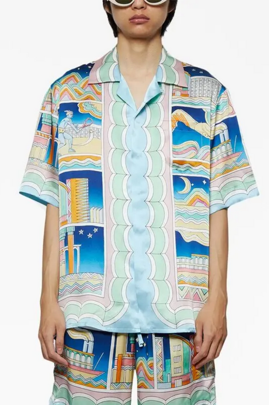 Jérôme blue multicolor cityscape short-sleeve shirt