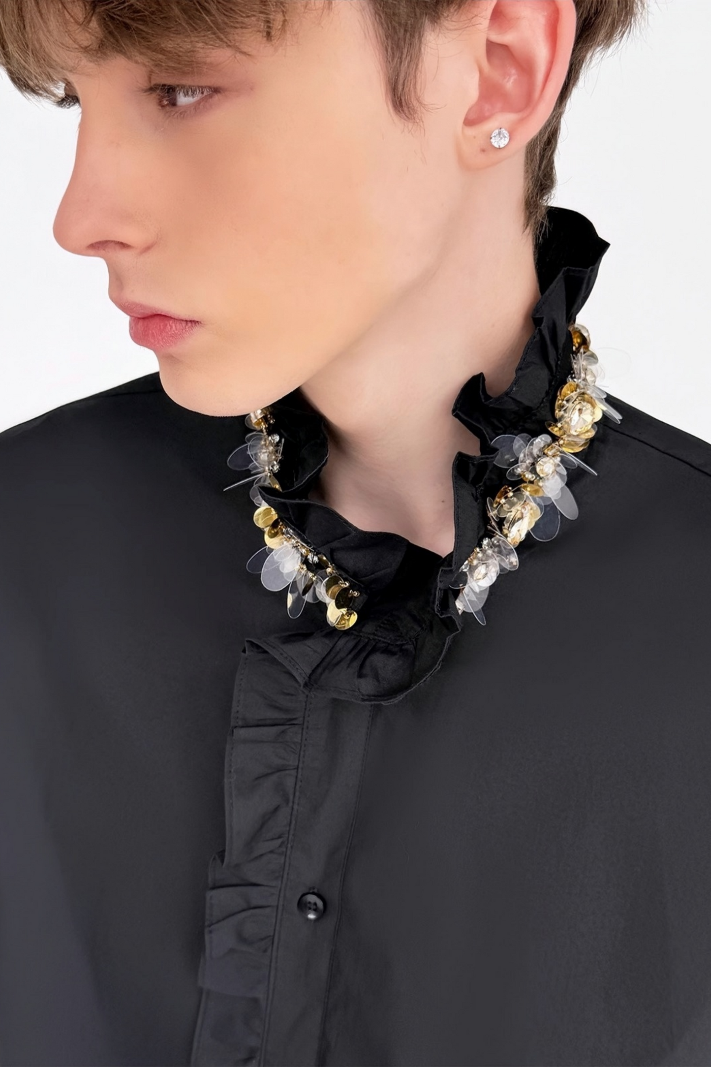 Yoris black floral-appliqué crystal-embellishment shirt