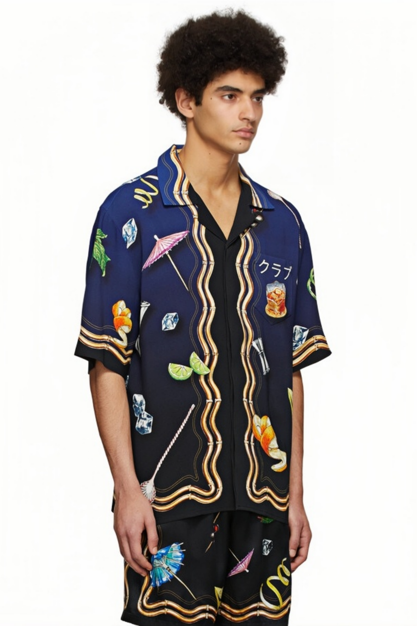 Derek dark blue wavy print short-sleeve shirt