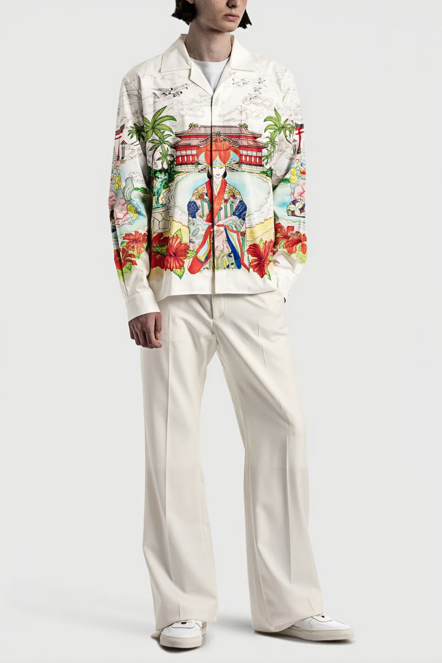 Ulysses white oriental print long-sleeve shirt