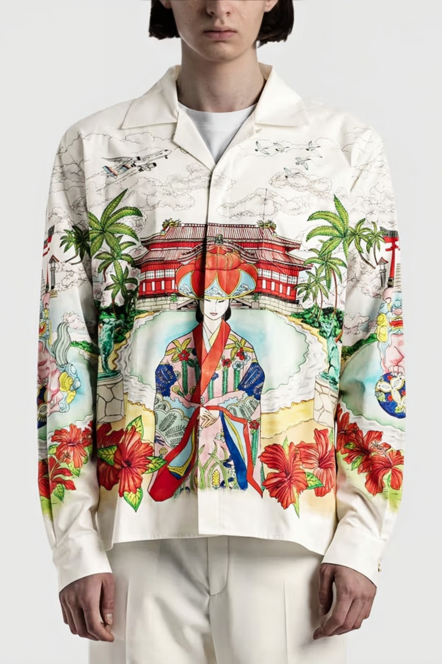 Ulysses white oriental print long-sleeve shirt