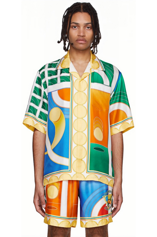 Édouard yellow color block satin short-sleeve shirt